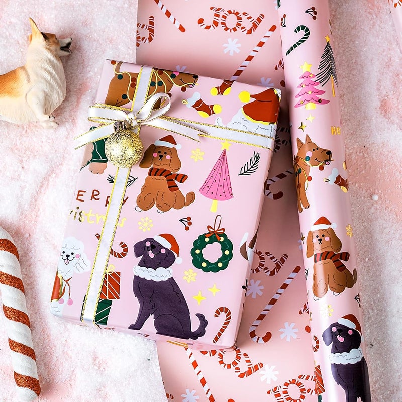Yarcony Dog Christmas Wrapping Ppaper, Pink Wrapping Paper, Metallic Foil Pastel Cute Puppy, Candy Cane Pattern Christmas Gift Wrap for Winter Holiday, Little Girl Birthday (17 Inch X 33 Feet) - Image 4